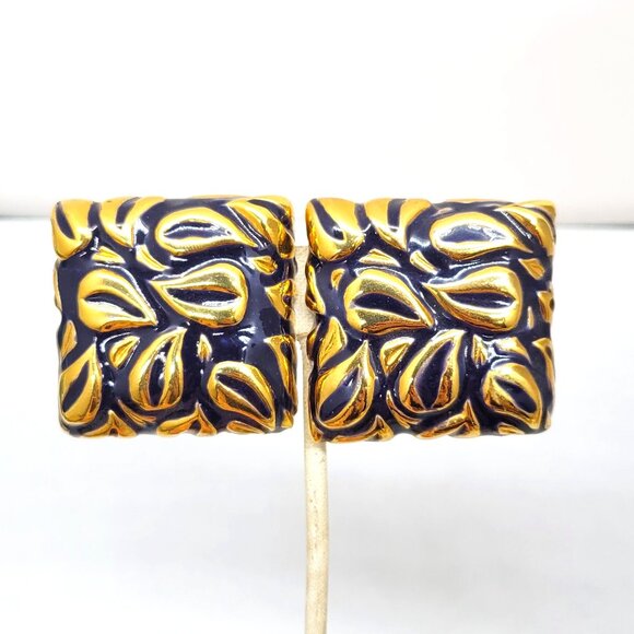 Vintage Signed Escada Square Goldtone & Blue Enamel Clip Earrings - Picture 2 of 11